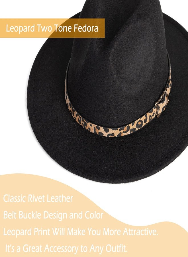 Gossifan Women Two Tone Wide Brim Fedora Felt Panama Hats Classic Belt Buckle Square Buckle-Black Leopard - Image 2